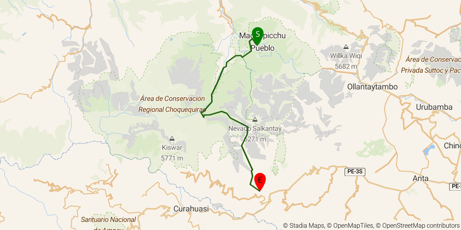 Route map of the Salkantay Trek on OpenStreetMap terrain