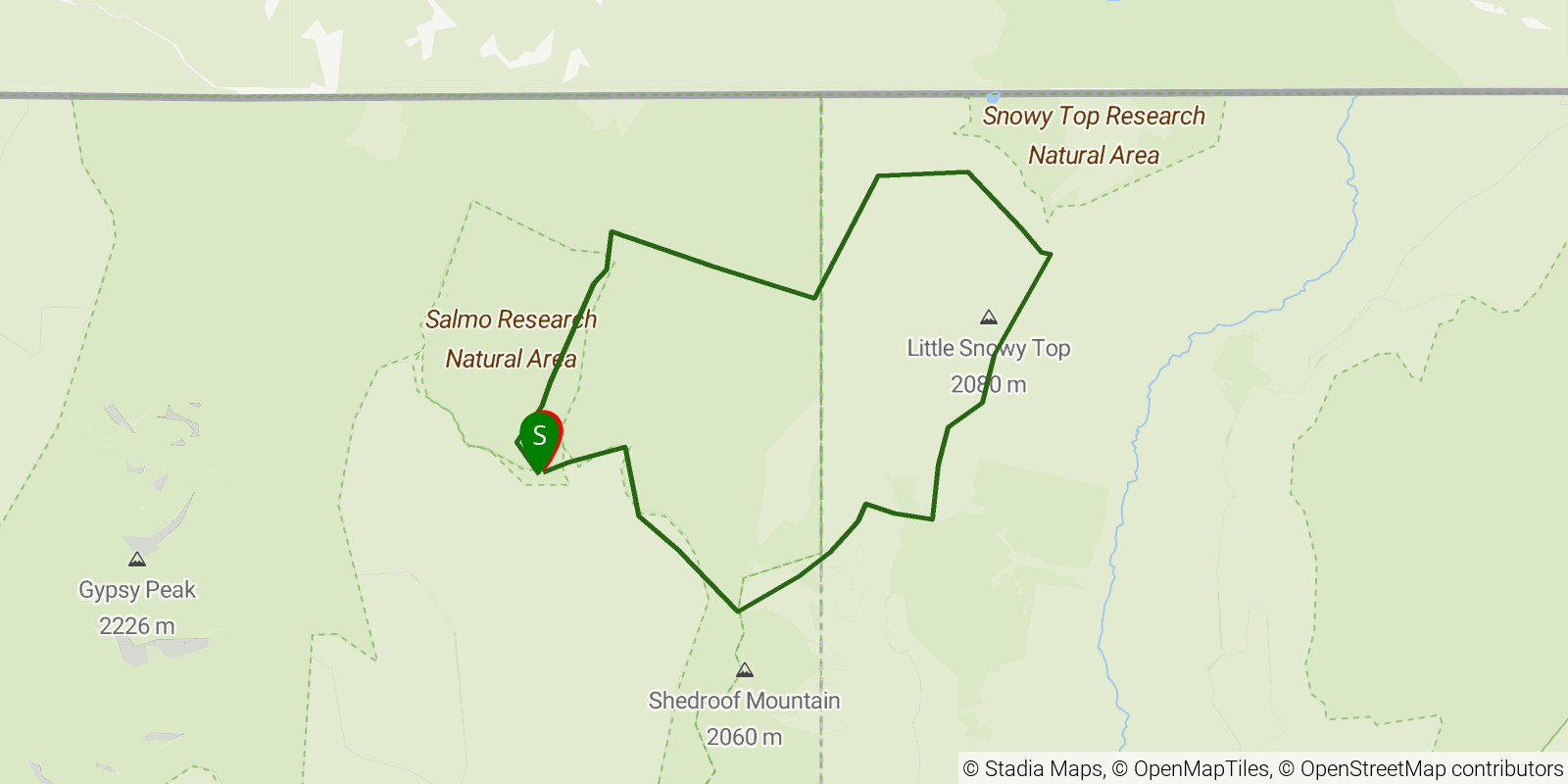 Route map of the Salmo-Priest Wilderness Loop on OpenStreetMap terrain