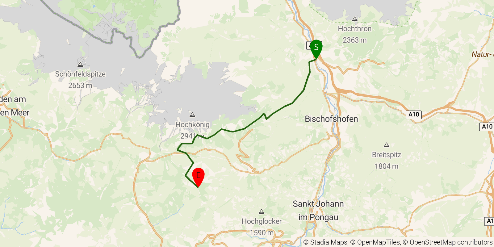 Route map of the Salzburger Almenweg — Stages 1–3: Pfarrwerfen to Schneebergkreuz on OpenStreetMap terrain