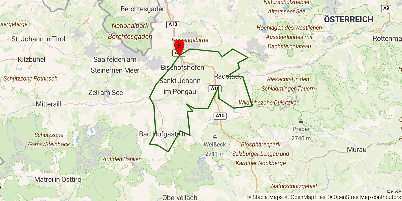 Route map of the Salzburger Almenweg on OpenStreetMap terrain