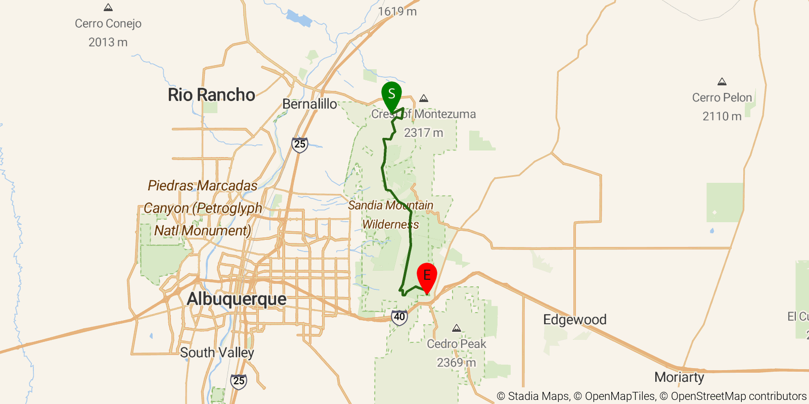 Route map of the Sandia Crest Trail on OpenStreetMap terrain
