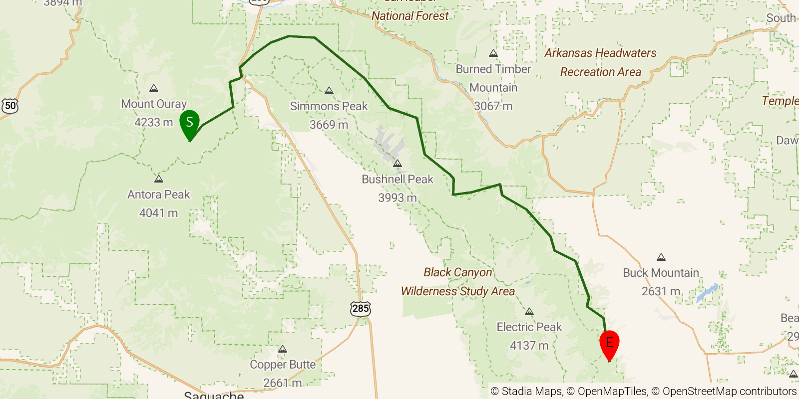 Route map of the Sangre de Cristo — Rainbow Trail on OpenStreetMap terrain