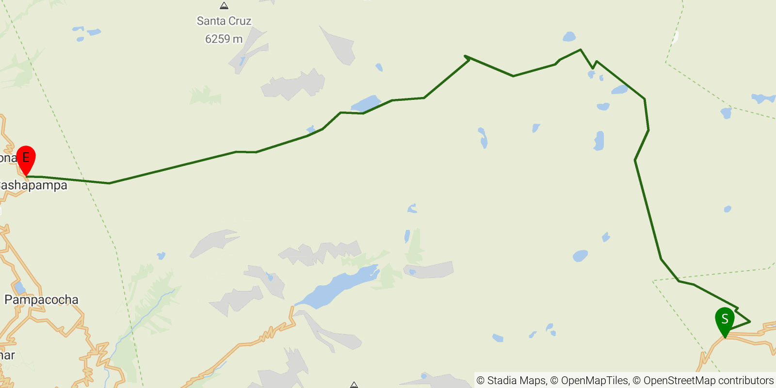 Route map of the Santa Cruz Trek on OpenStreetMap terrain