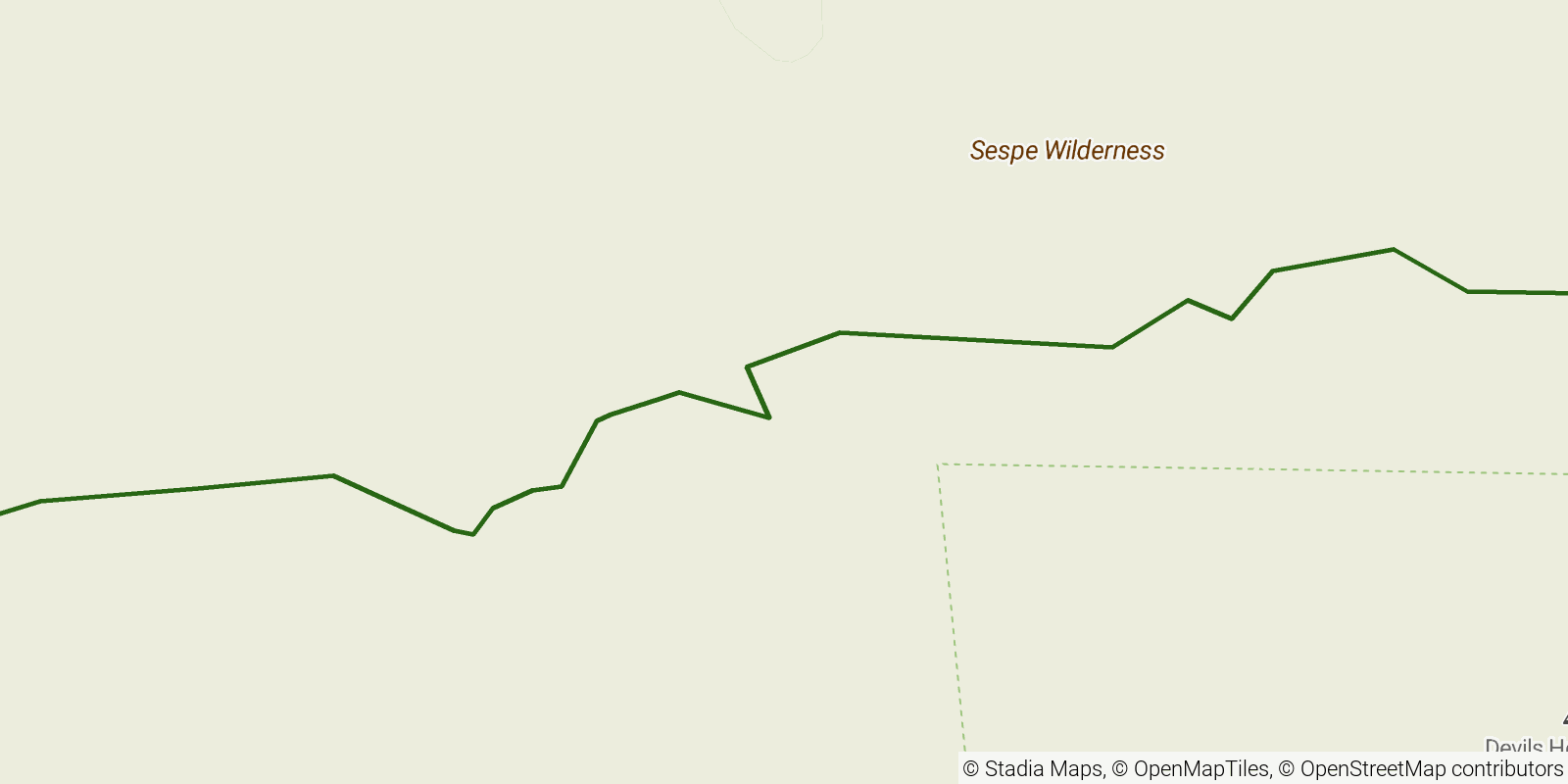Route map of the Sespe River Trail on OpenStreetMap terrain
