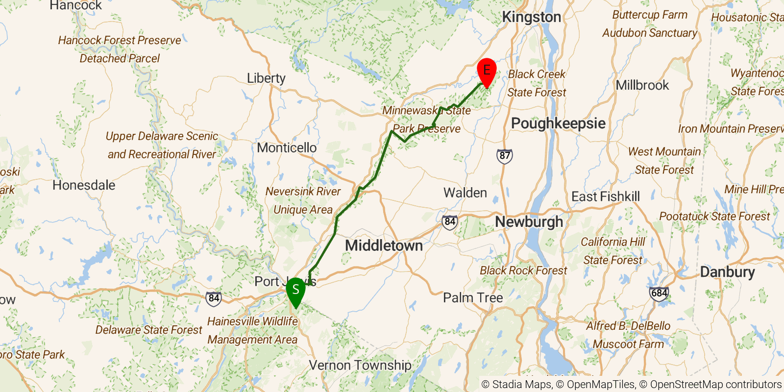 Route map of the Shawangunk Ridge Trail on OpenStreetMap terrain