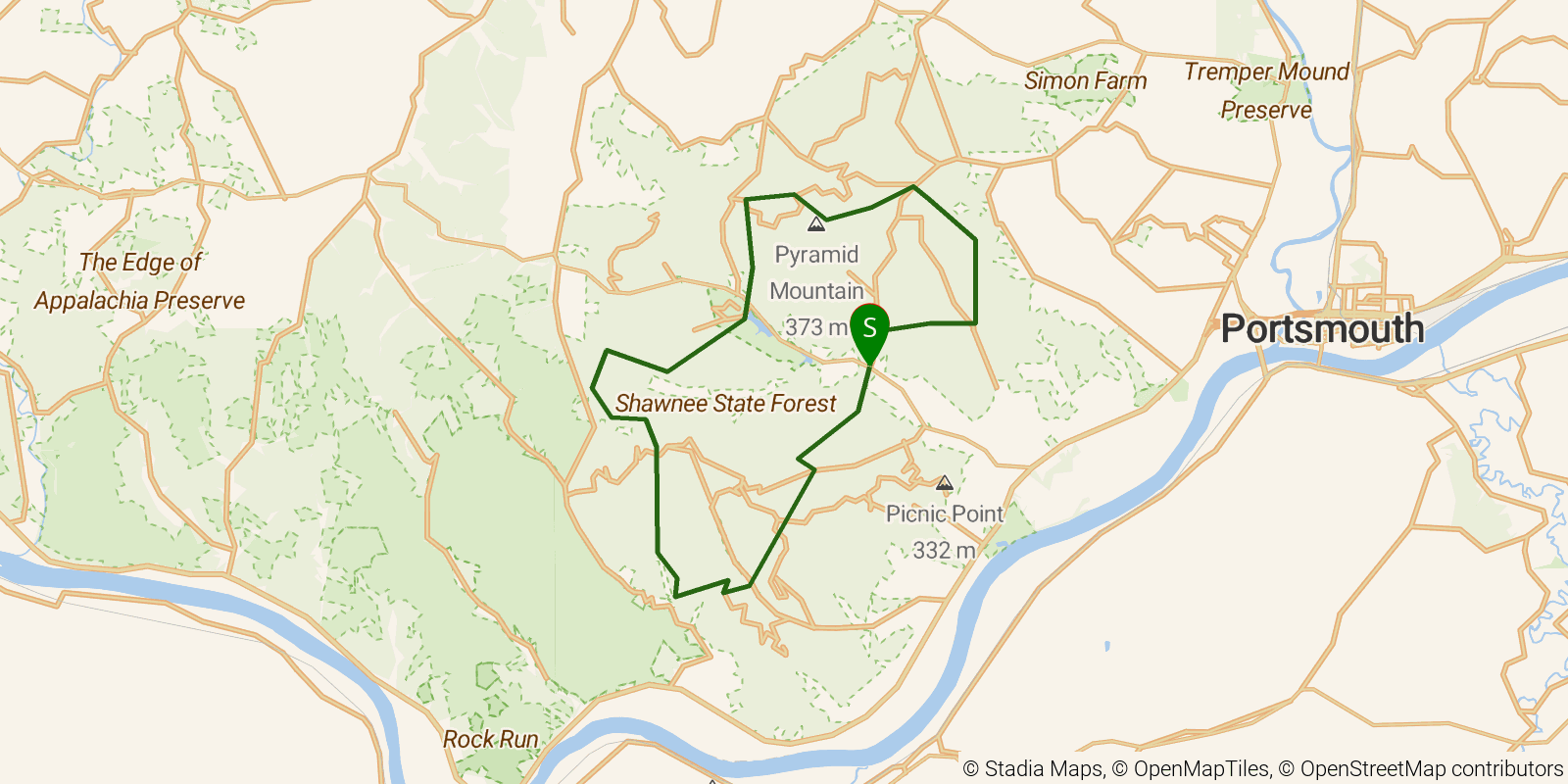 Route map of the Shawnee Backpack Trail on OpenStreetMap terrain
