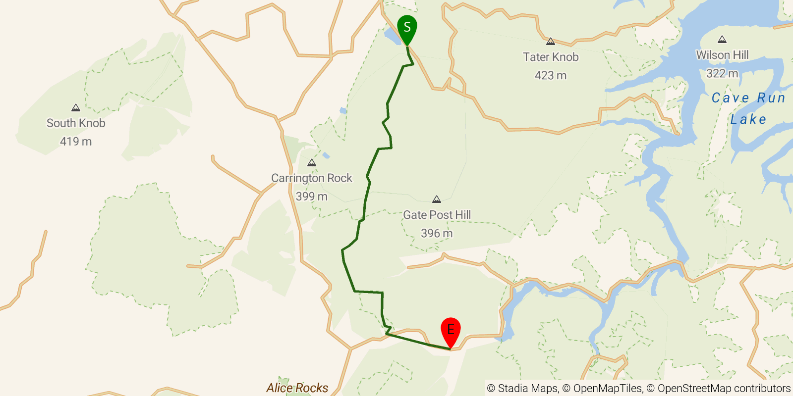 Route map of the Sheltowee Trace NRT — Section 10 on OpenStreetMap terrain