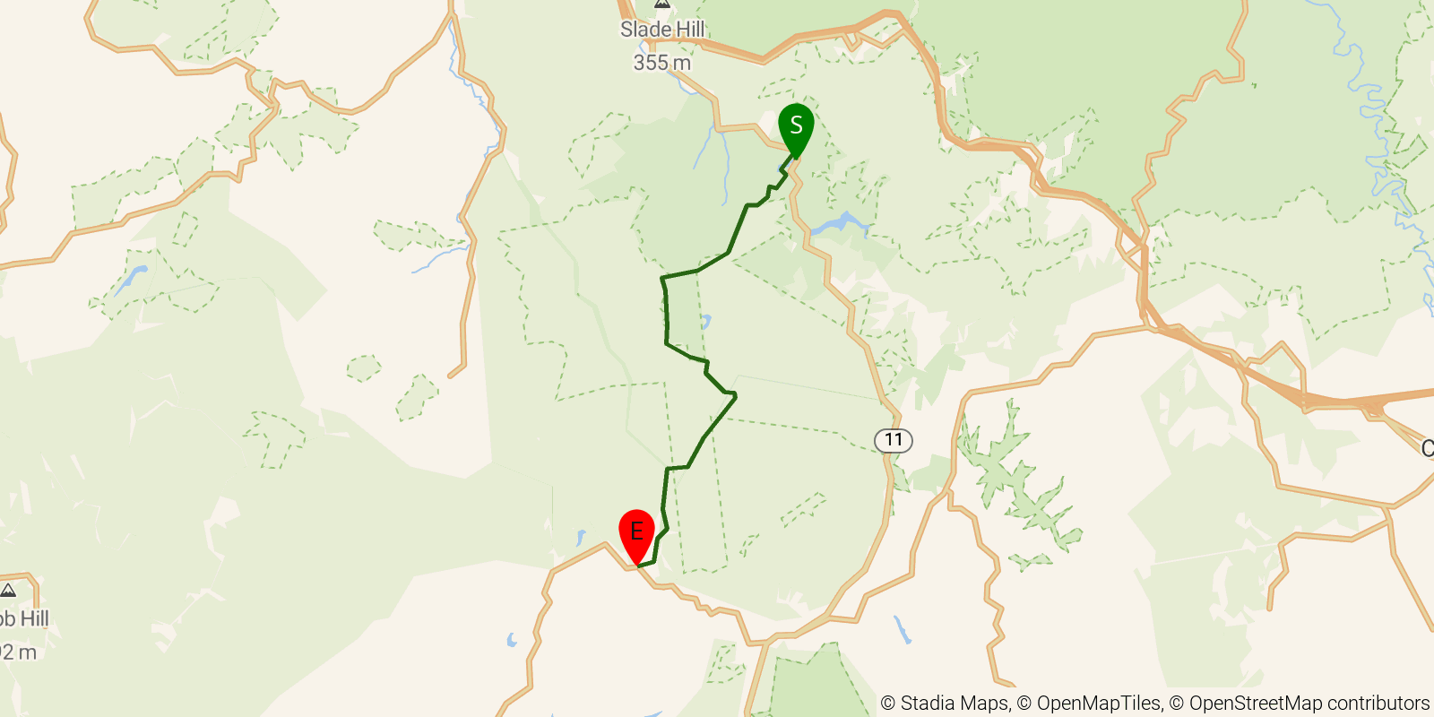 Route map of the Sheltowee Trace NRT — Section 15 on OpenStreetMap terrain