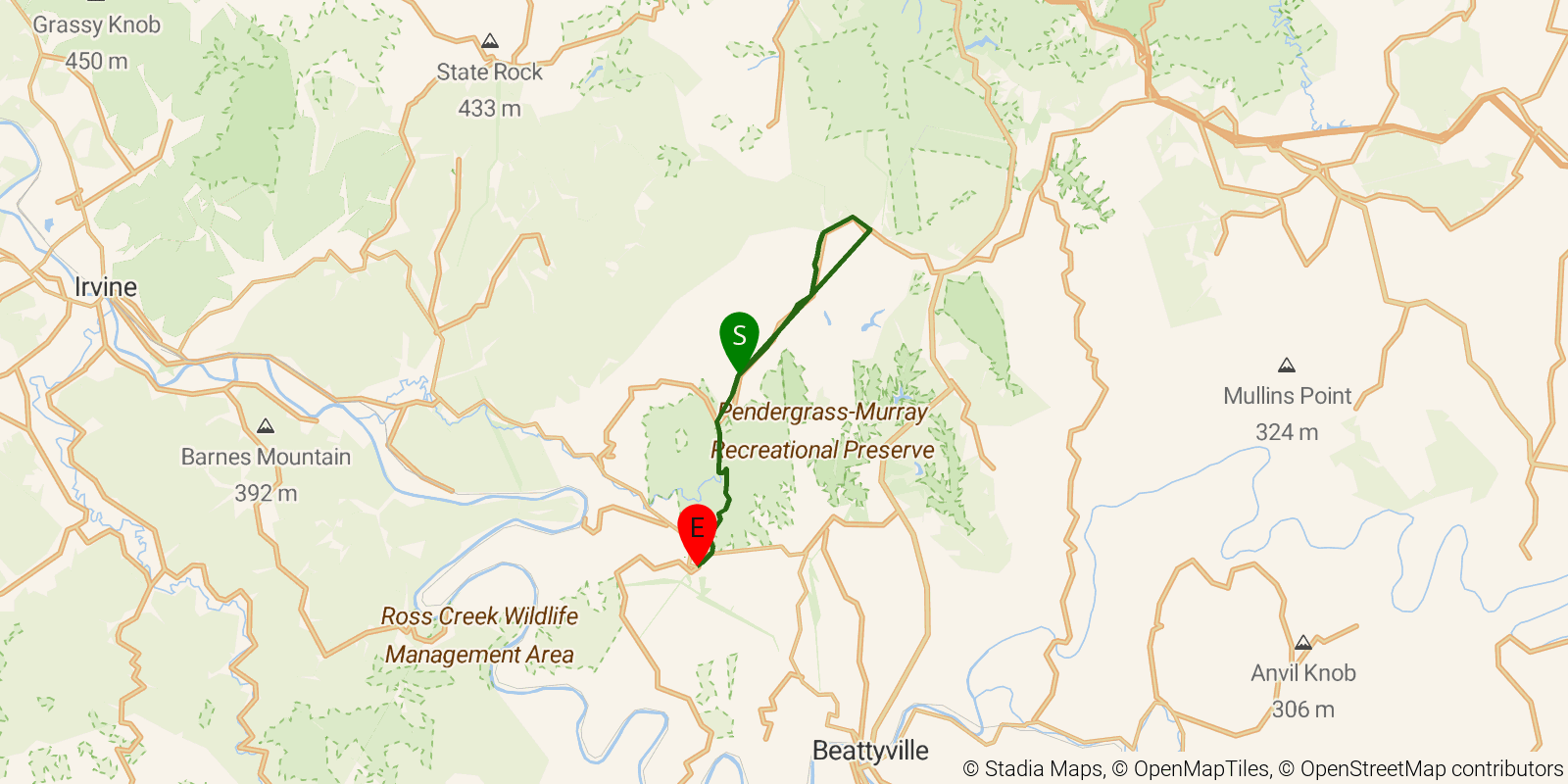 Route map of the Sheltowee Trace NRT — Section 16 on OpenStreetMap terrain