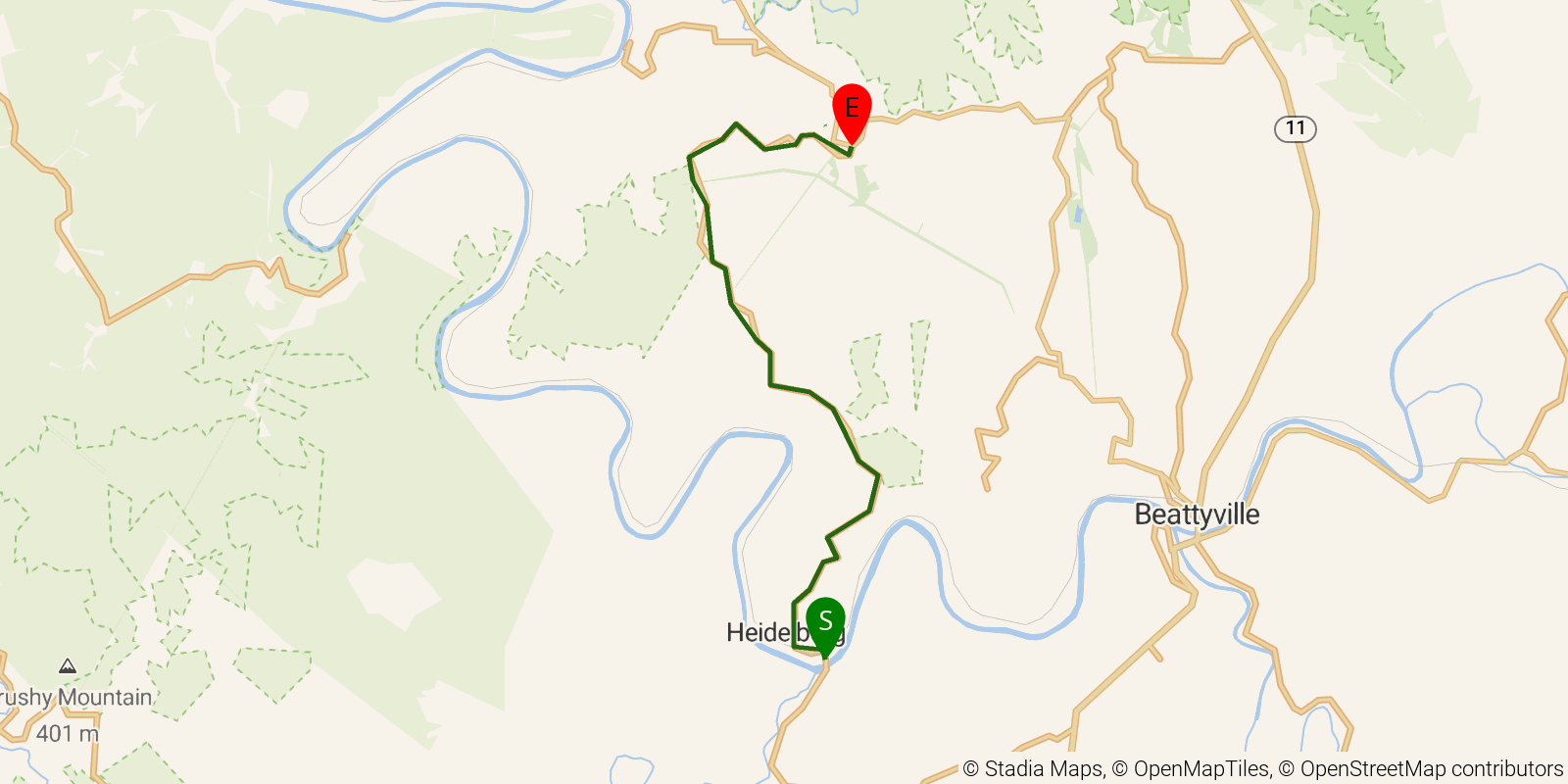 Route map of the Sheltowee Trace NRT — Section 17 on OpenStreetMap terrain