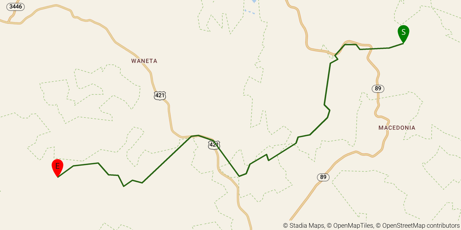 Route map of the Sheltowee Trace NRT — Section 20 on OpenStreetMap terrain