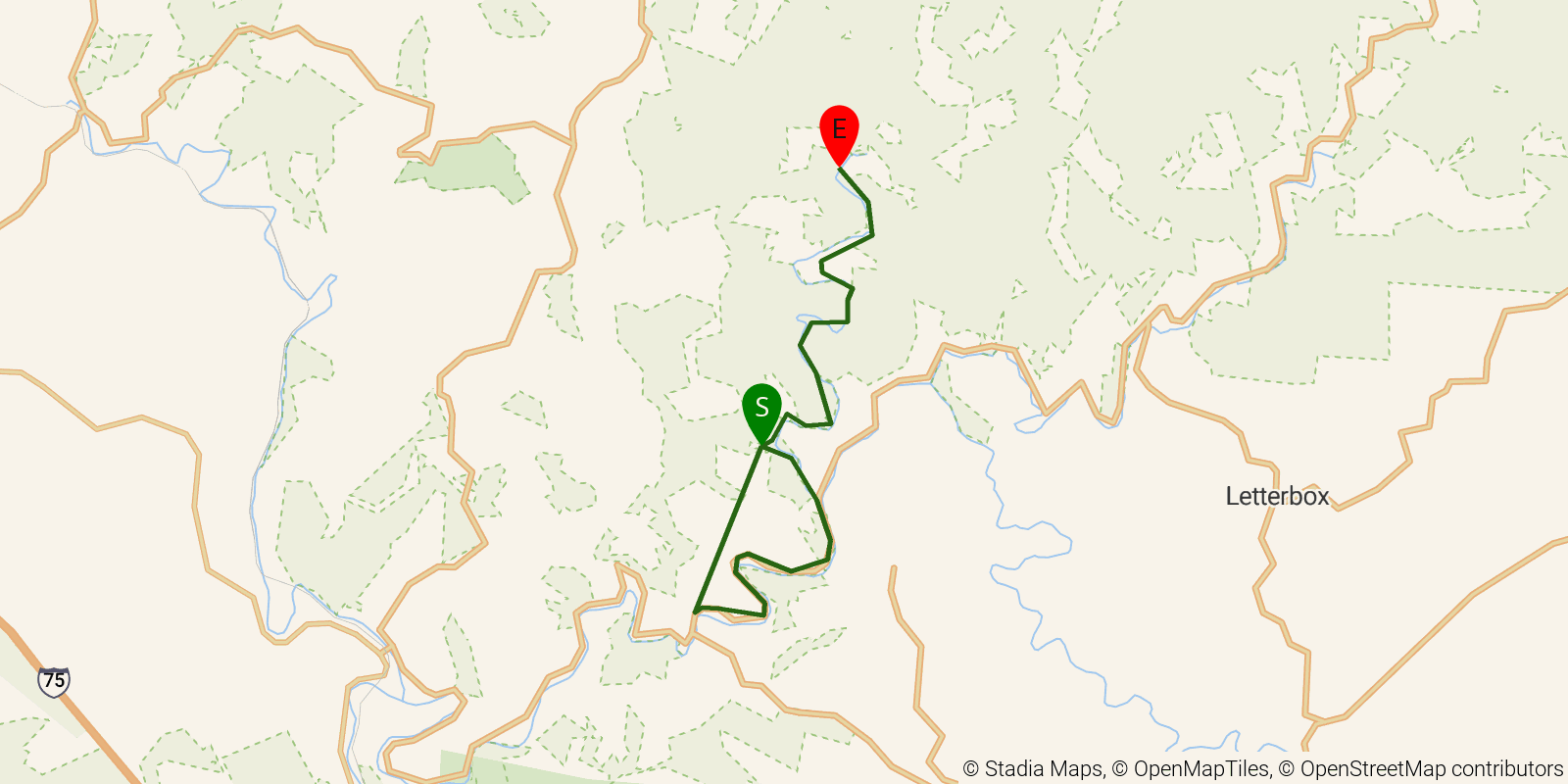 Route map of the Sheltowee Trace NRT — Section 22 on OpenStreetMap terrain