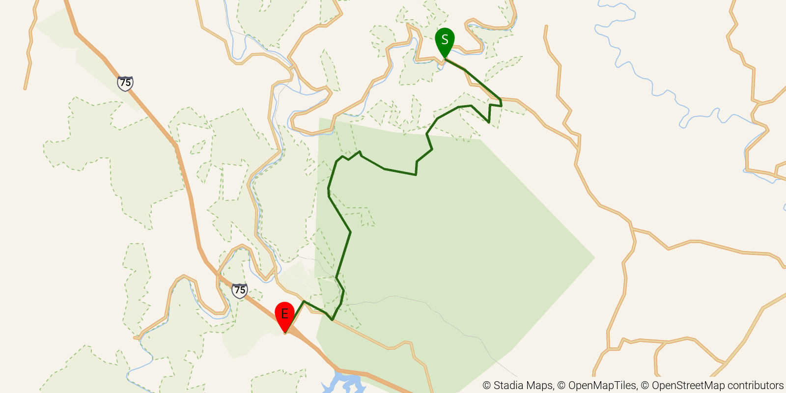 Route map of the Sheltowee Trace NRT — Section 23 on OpenStreetMap terrain
