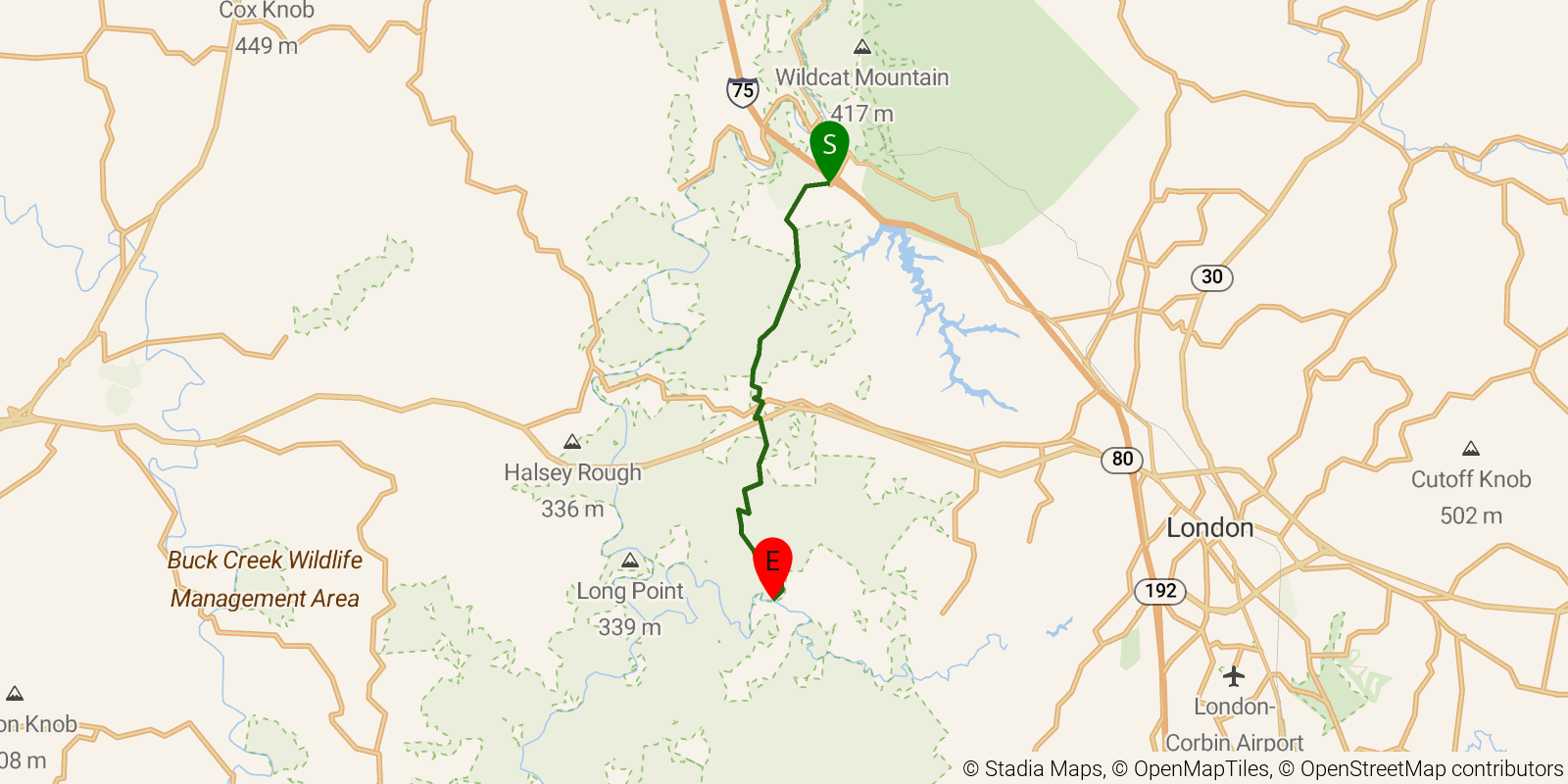 Route map of the Sheltowee Trace NRT — Section 24 on OpenStreetMap terrain