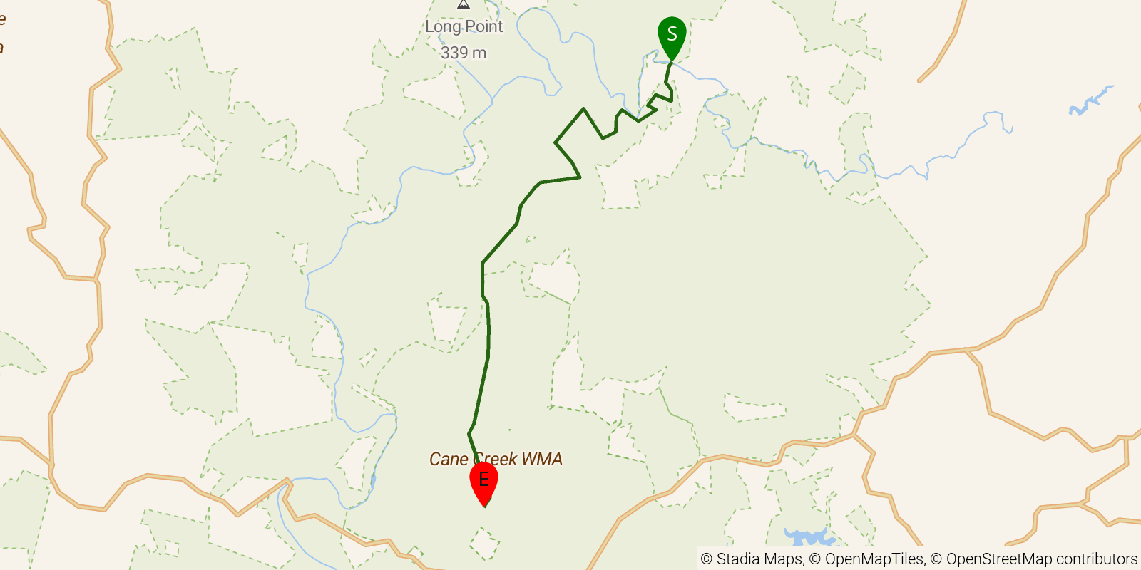 Route map of the Sheltowee Trace NRT — Section 25 on OpenStreetMap terrain