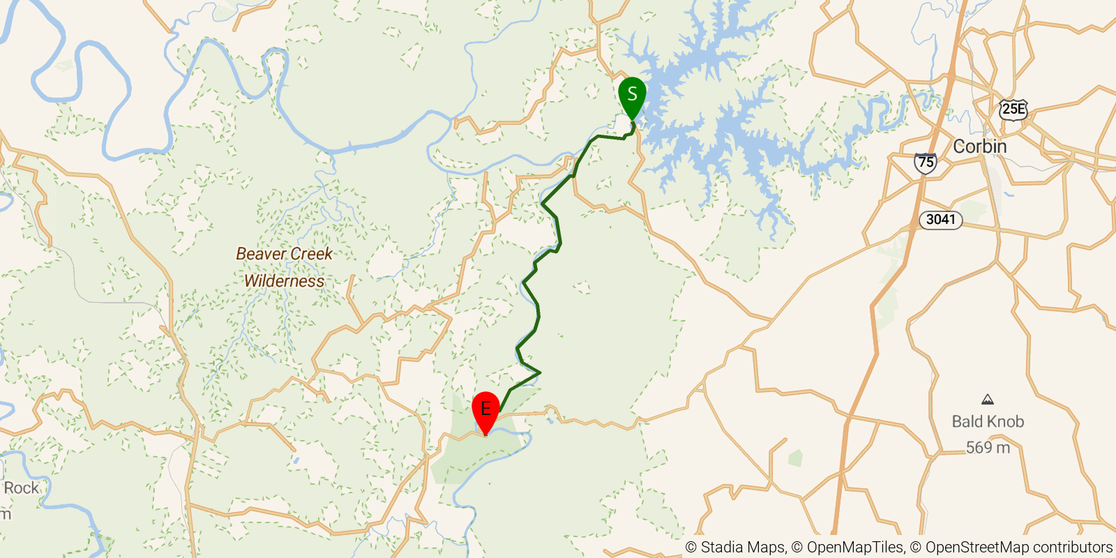 Route map of the Sheltowee Trace NRT — Section 27 on OpenStreetMap terrain