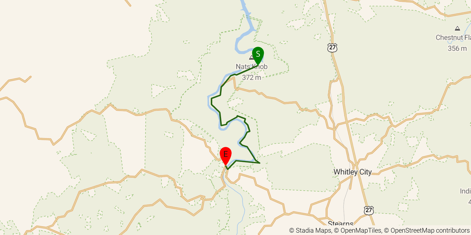 Route map of the Sheltowee Trace NRT — Section 33 on OpenStreetMap terrain