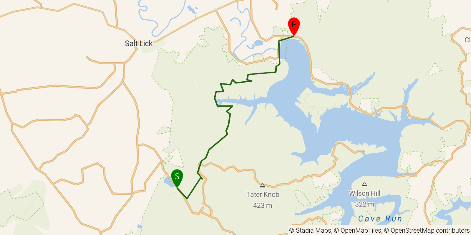 Route map of the Sheltowee Trace NRT — Section 9 on OpenStreetMap terrain