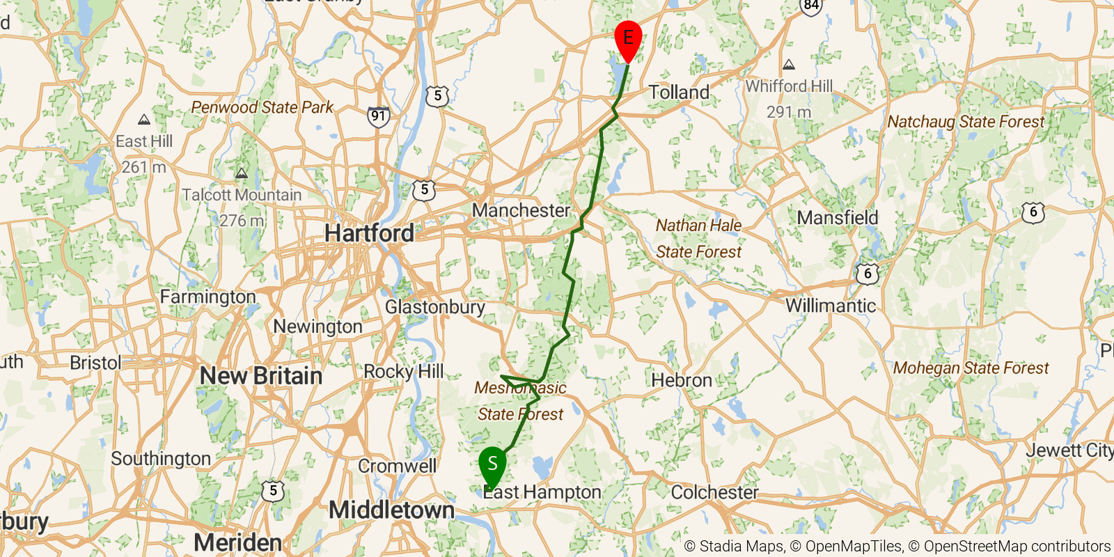 Route map of the Shenipsit Trail on OpenStreetMap terrain