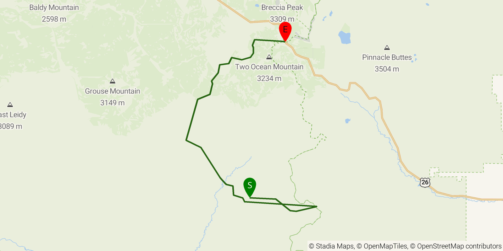 Route map of the Sheridan – Two Ocean – Togwotee CDT Alternate on OpenStreetMap terrain