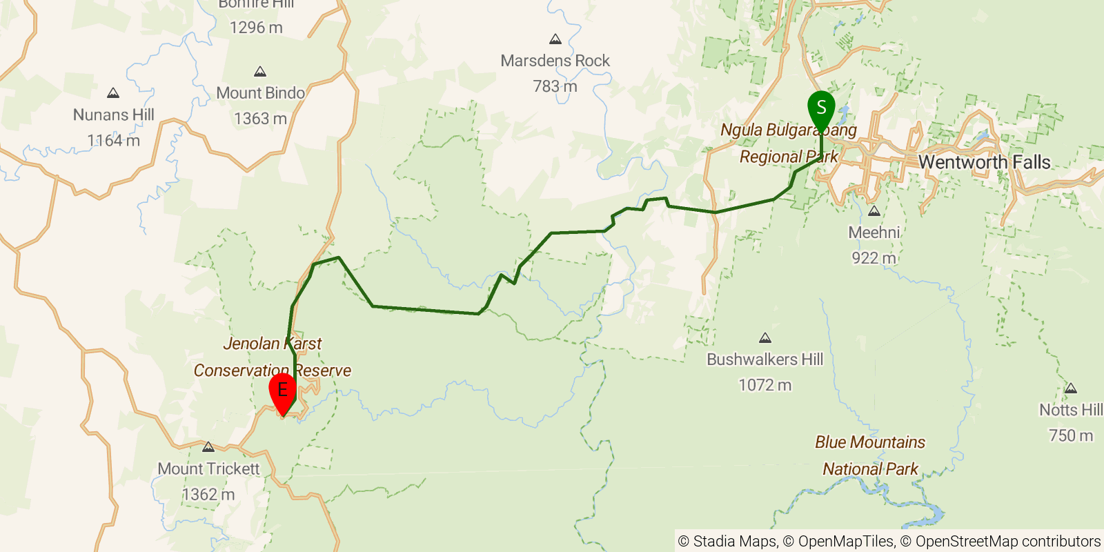 Route map of the Six Foot Track on OpenStreetMap terrain