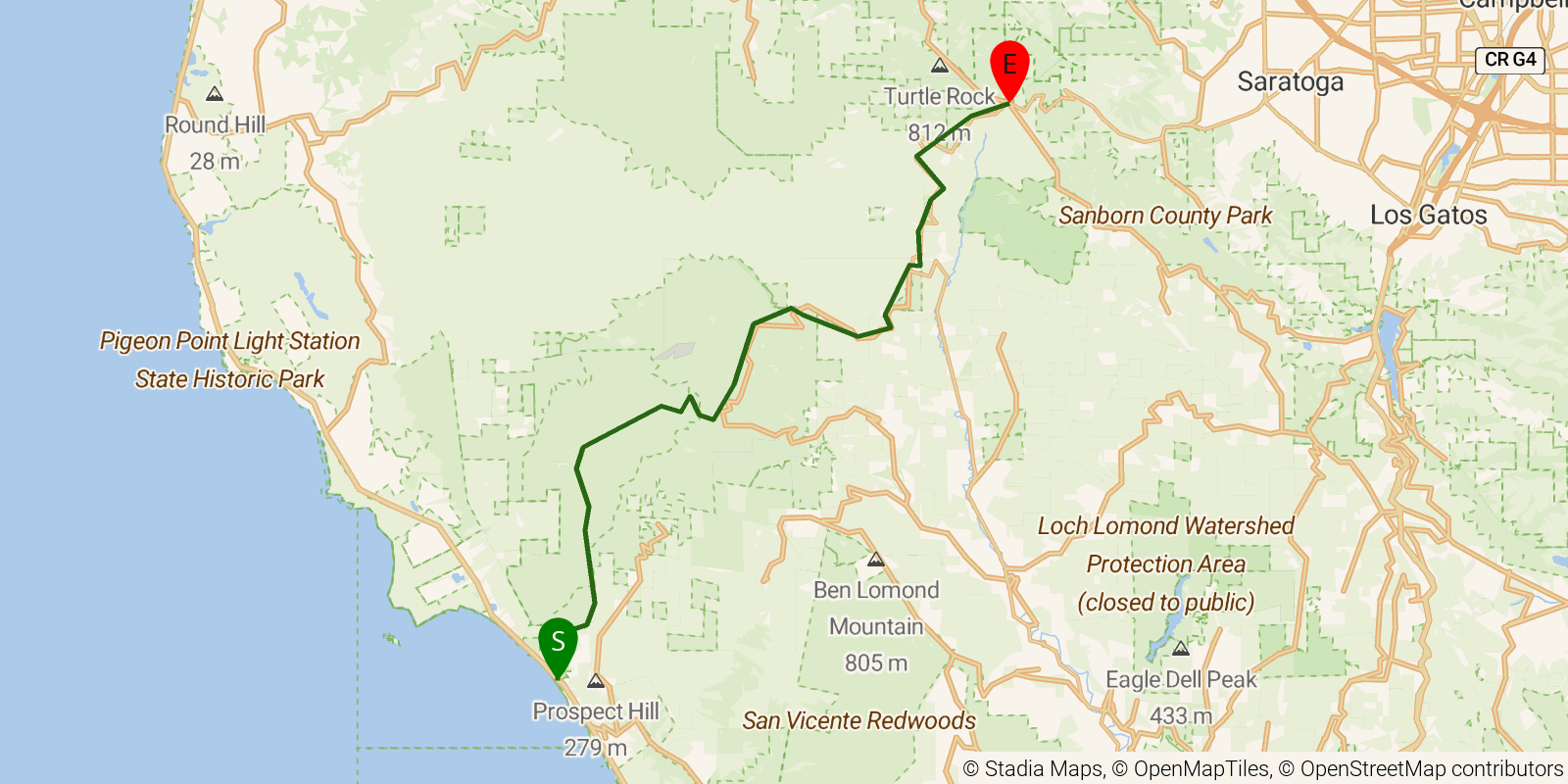 Route map of the Skyline-to-the-Sea Trail on OpenStreetMap terrain