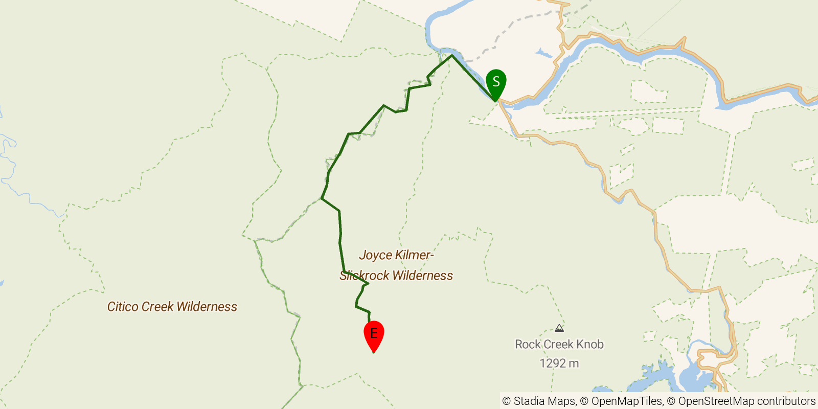 Route map of the Slickrock Creek Trail on OpenStreetMap terrain