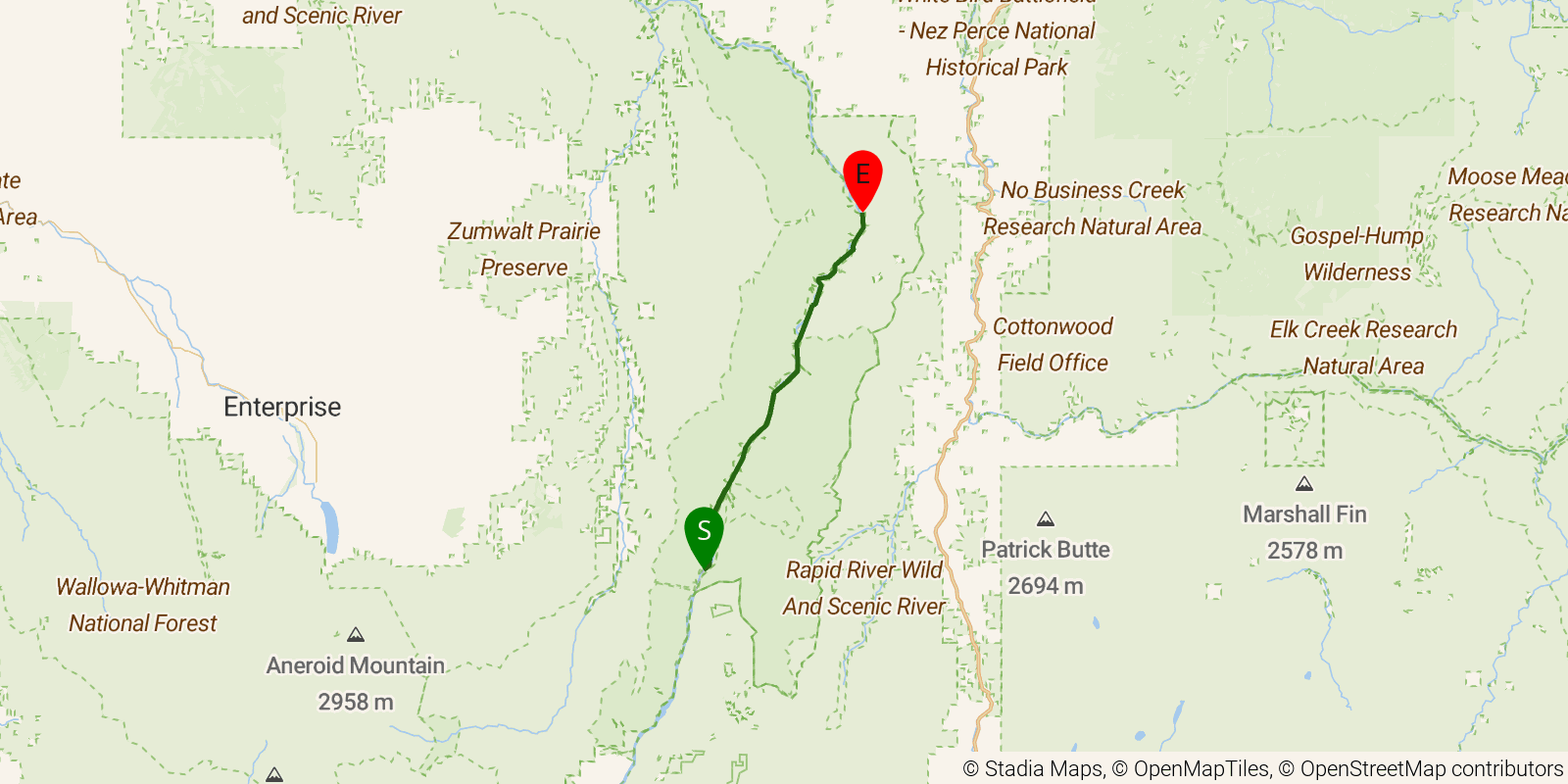 Route map of the Snake River National Recreation Trail on OpenStreetMap terrain
