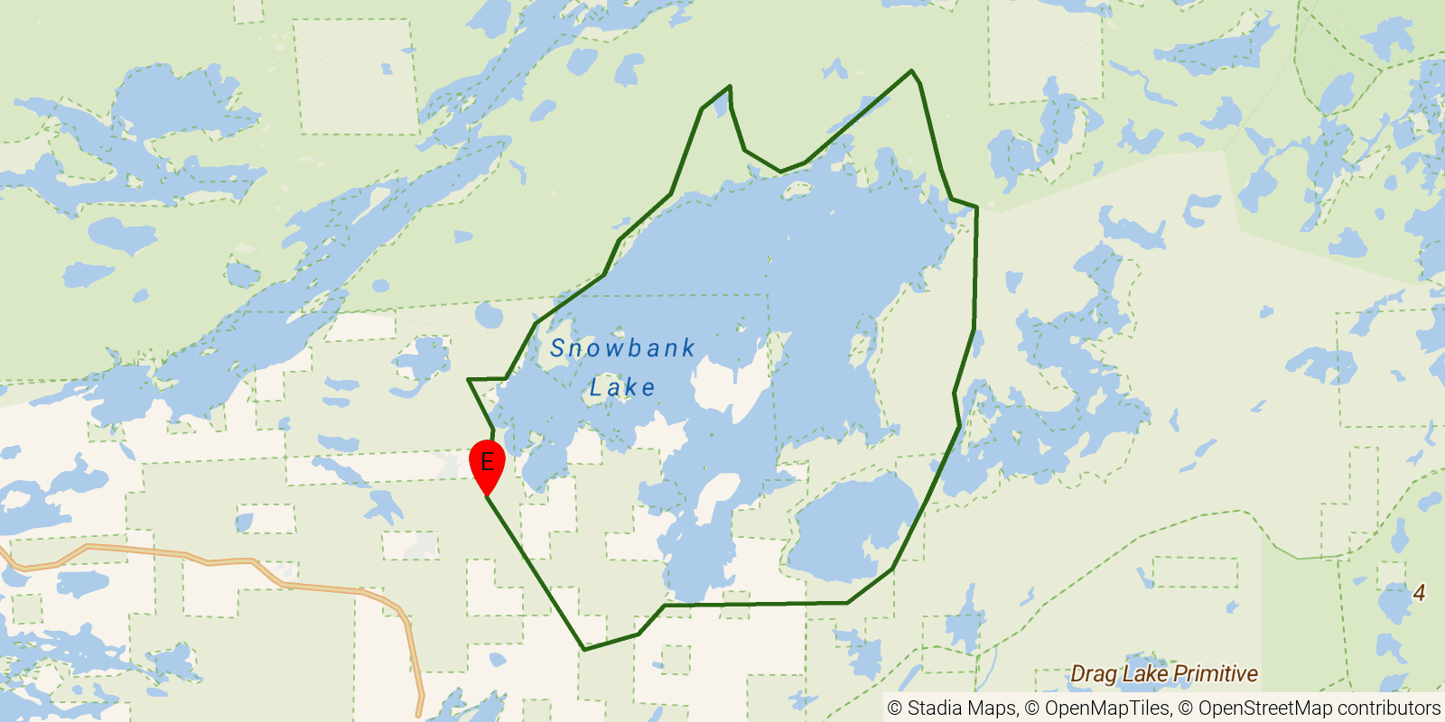 Route map of the Snowbank Trail on OpenStreetMap terrain