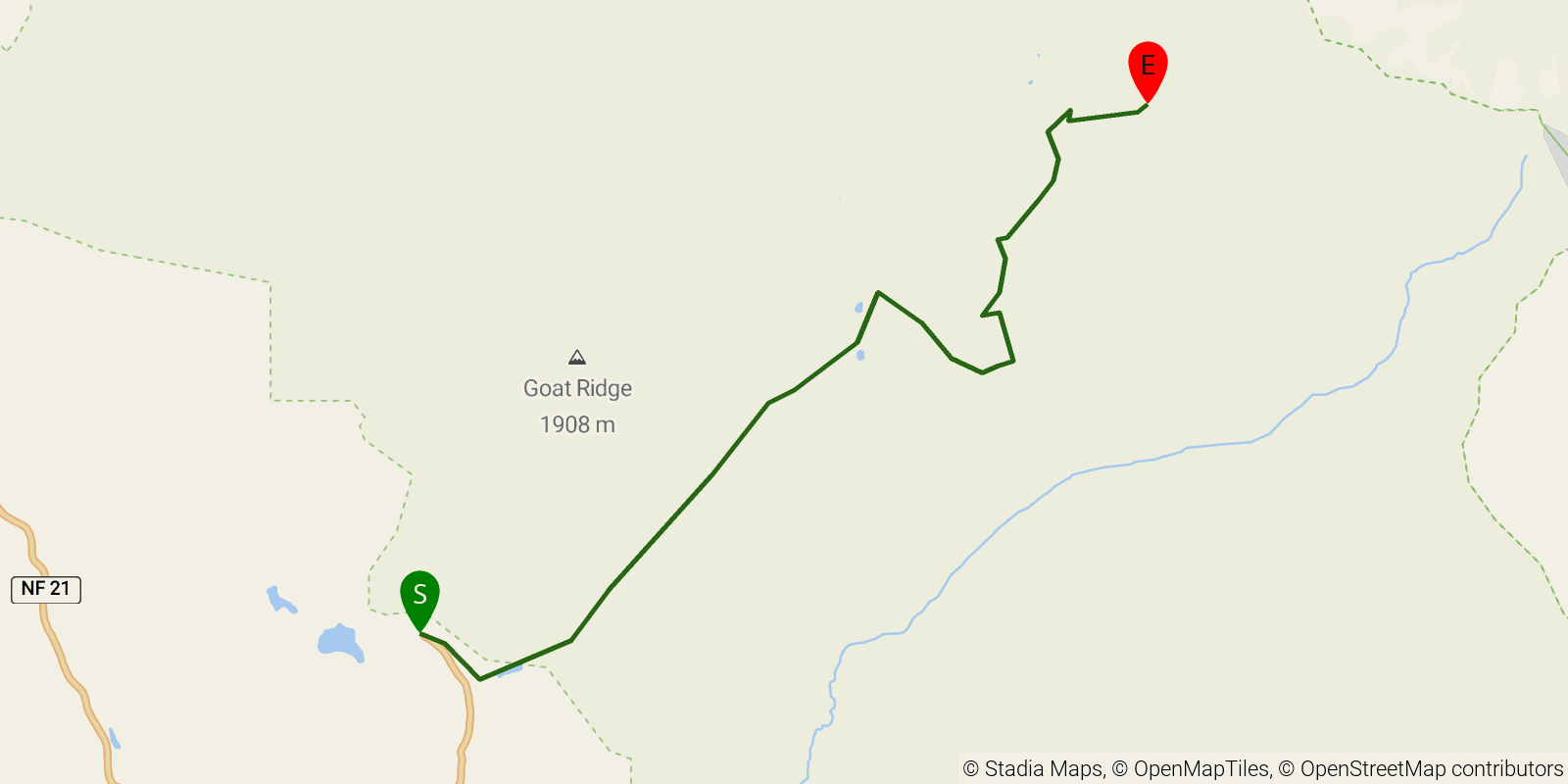 Route map of the Snowgrass Flat (Goat Rocks) on OpenStreetMap terrain