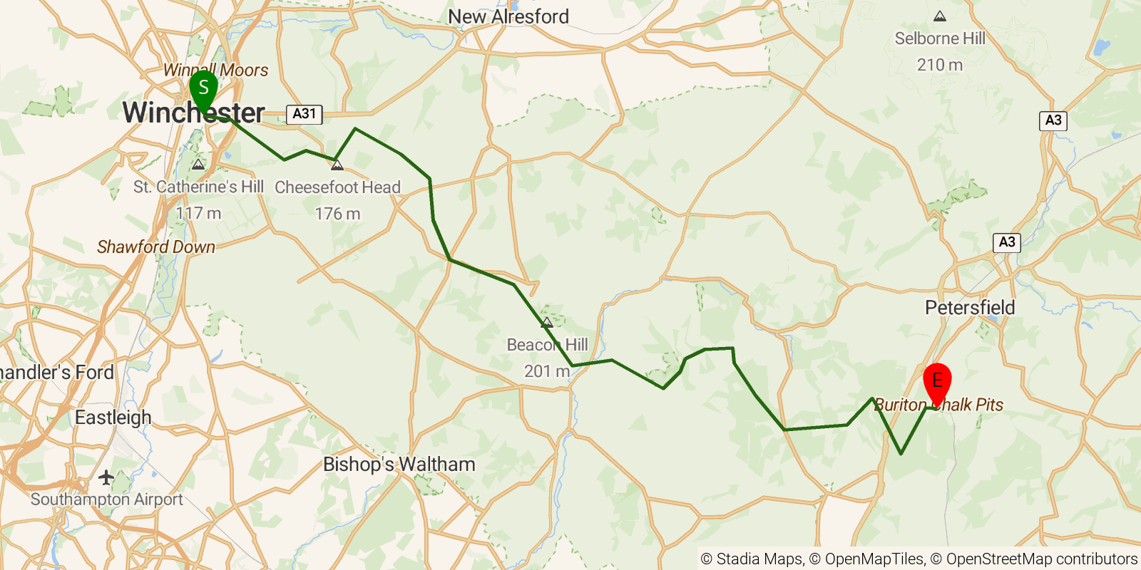 Route map of the South Downs Way — Sections 1–3: Winchester to Buriton on OpenStreetMap terrain