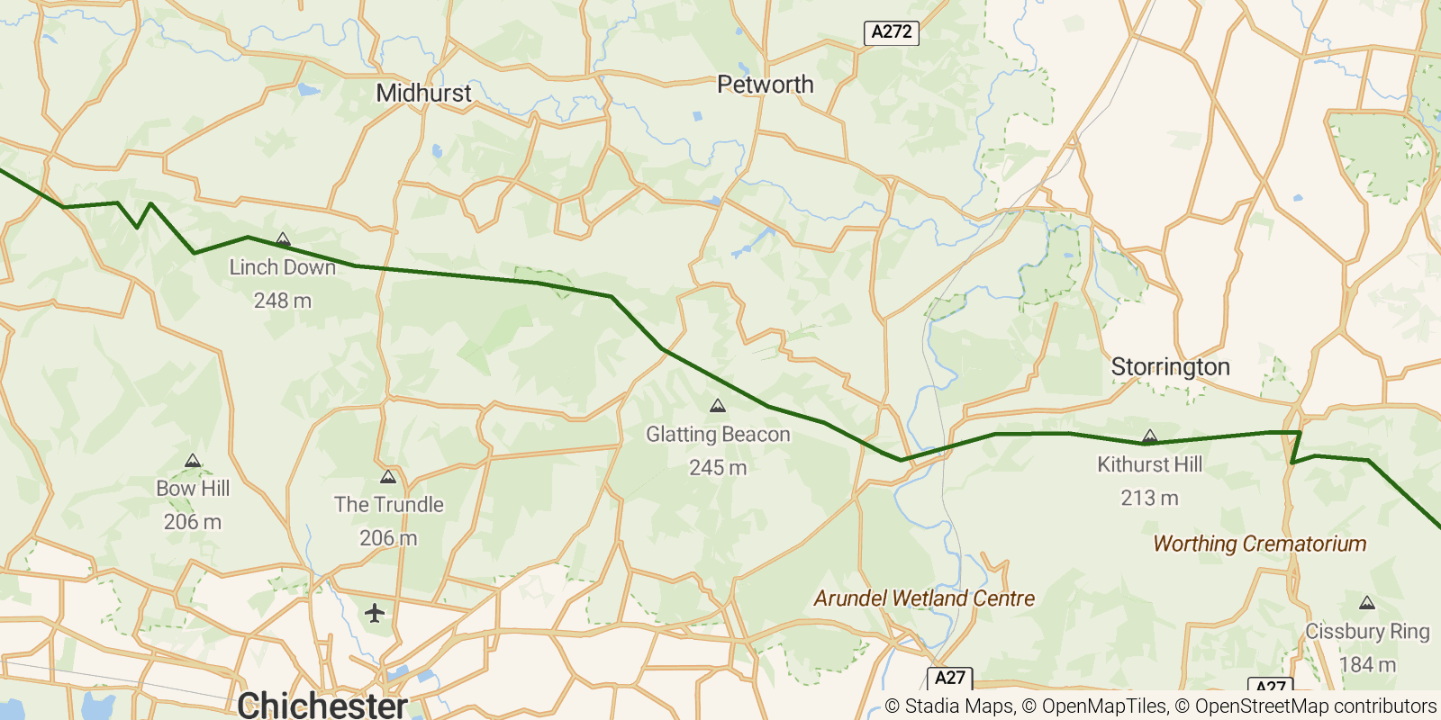 Route map of the South Downs Way — Sections 4–6: Buriton to River Adur on OpenStreetMap terrain
