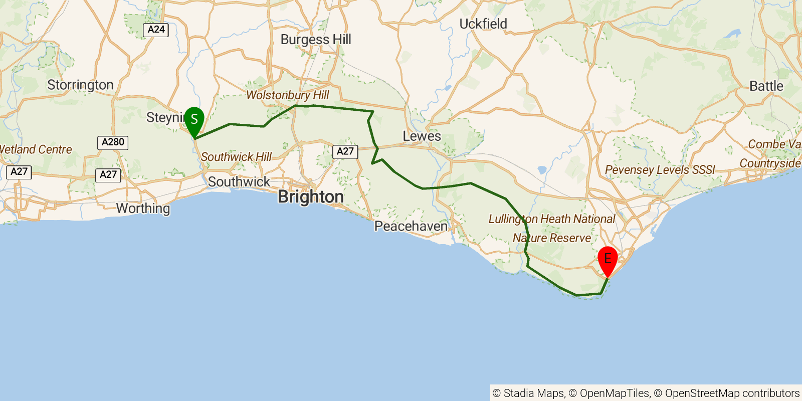 Route map of the South Downs Way — Sections 7–9: River Adur to Eastbourne on OpenStreetMap terrain