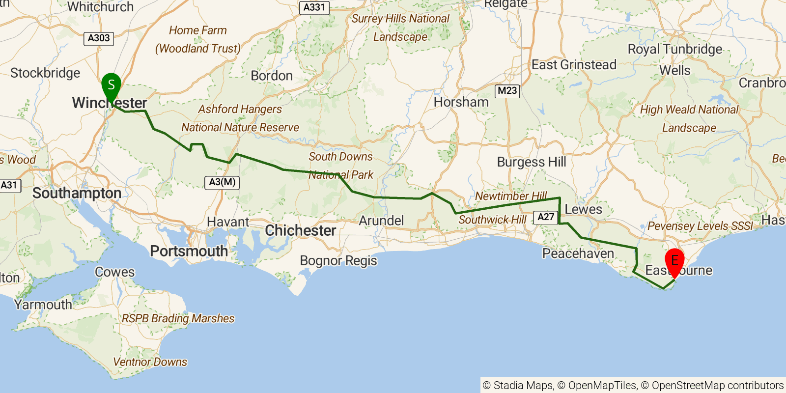 Route map of the South Downs Way on OpenStreetMap terrain
