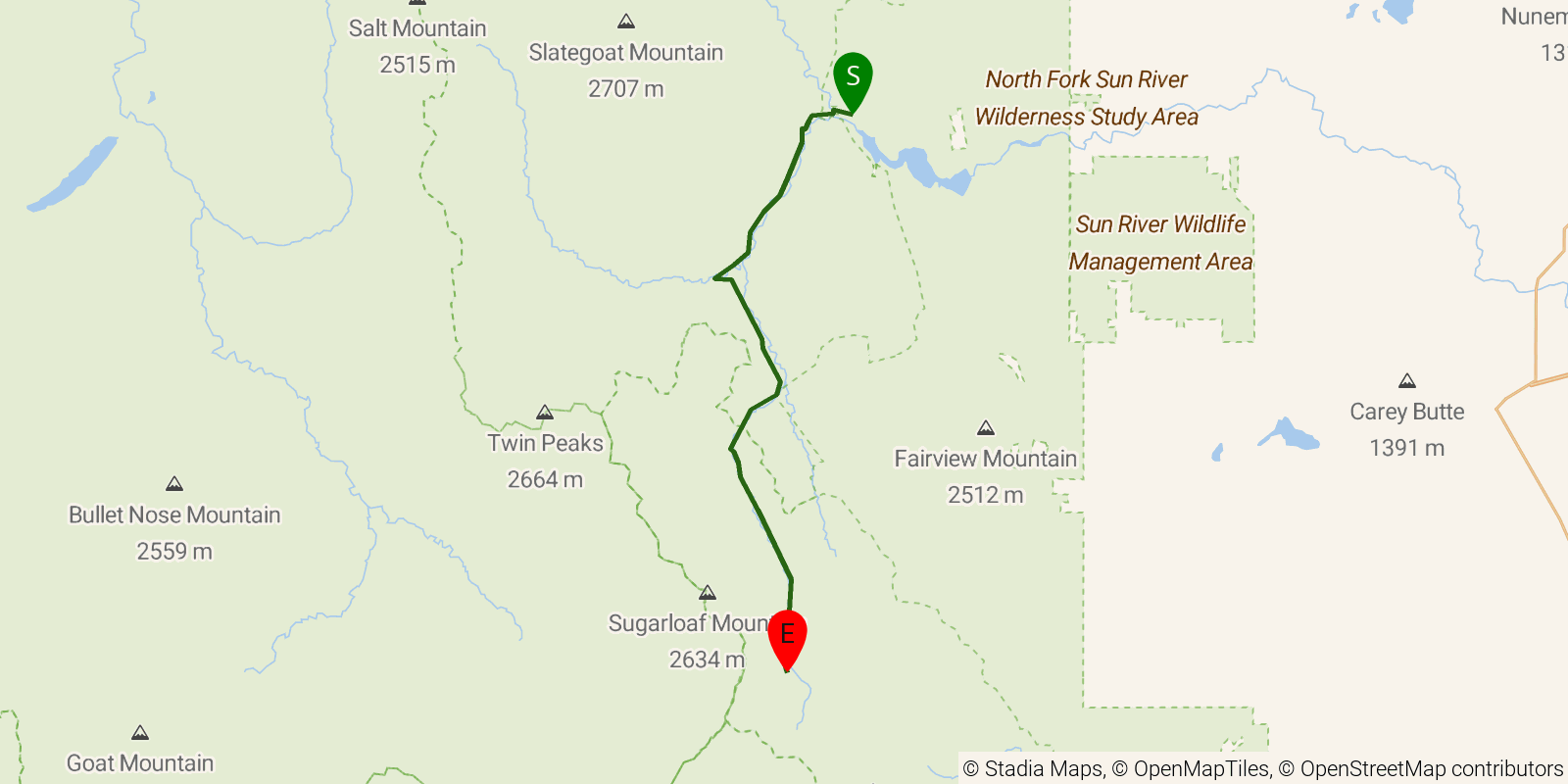 Route map of the South Fork Sun River Trail on OpenStreetMap terrain