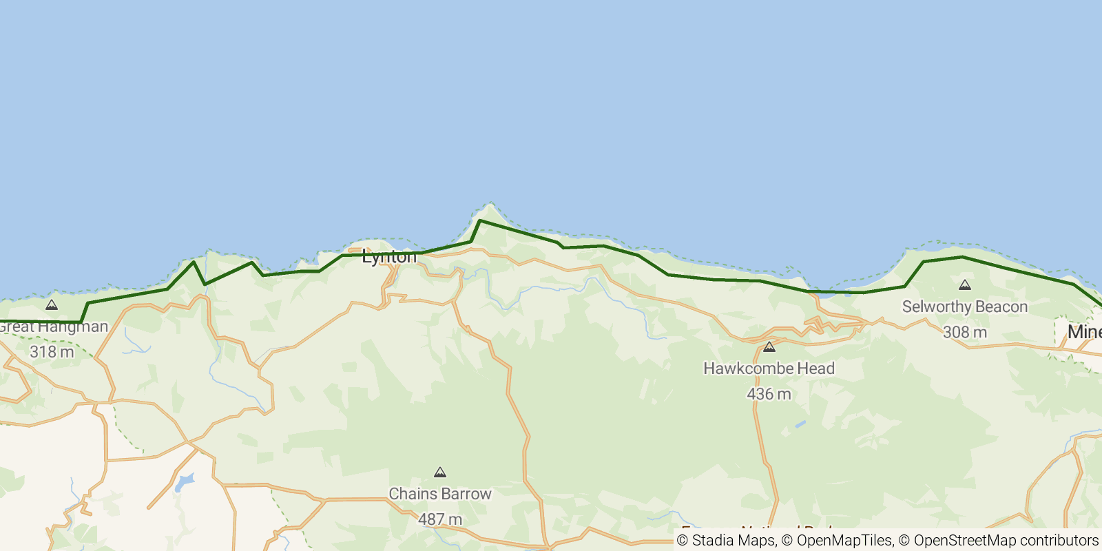 Route map of the South West Coast Path — Sections 1–3: Minehead to Combe Martin on OpenStreetMap terrain