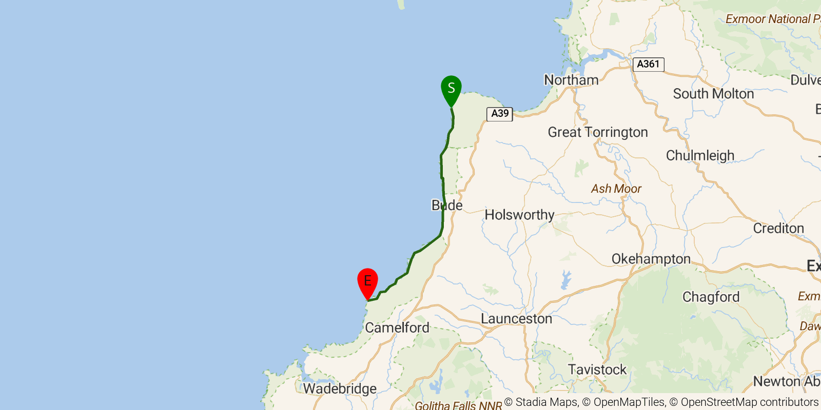 Route map of the South West Coast Path — Sections 10–12: Hartland Quay to Tintagel on OpenStreetMap terrain