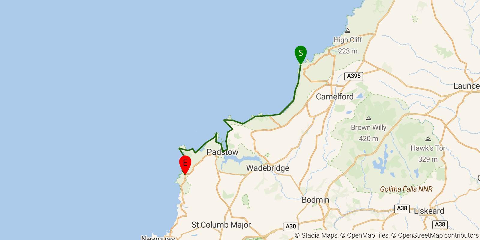 Route map of the South West Coast Path — Sections 13–15: Tintagel to Porthcothan on OpenStreetMap terrain