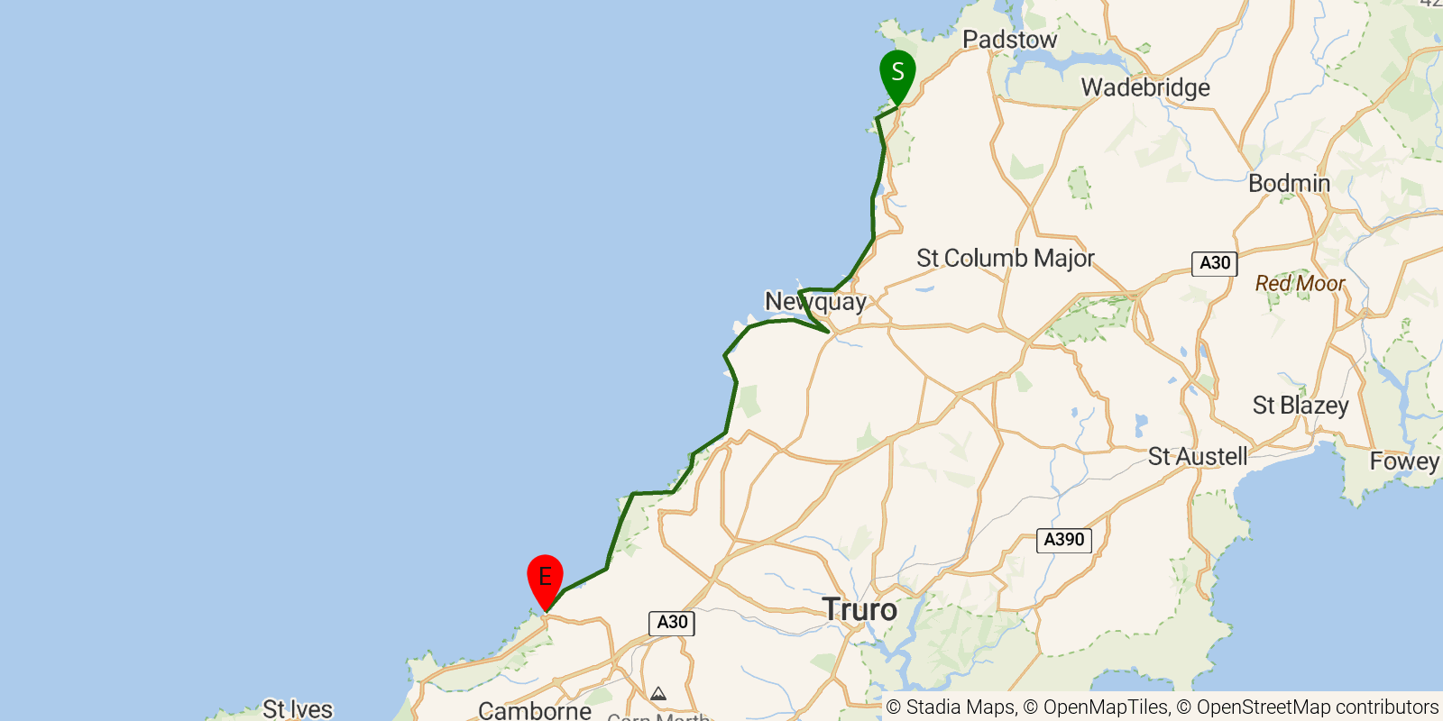 Route map of the South West Coast Path — Sections 16–18: Porthcothan to Portreath on OpenStreetMap terrain
