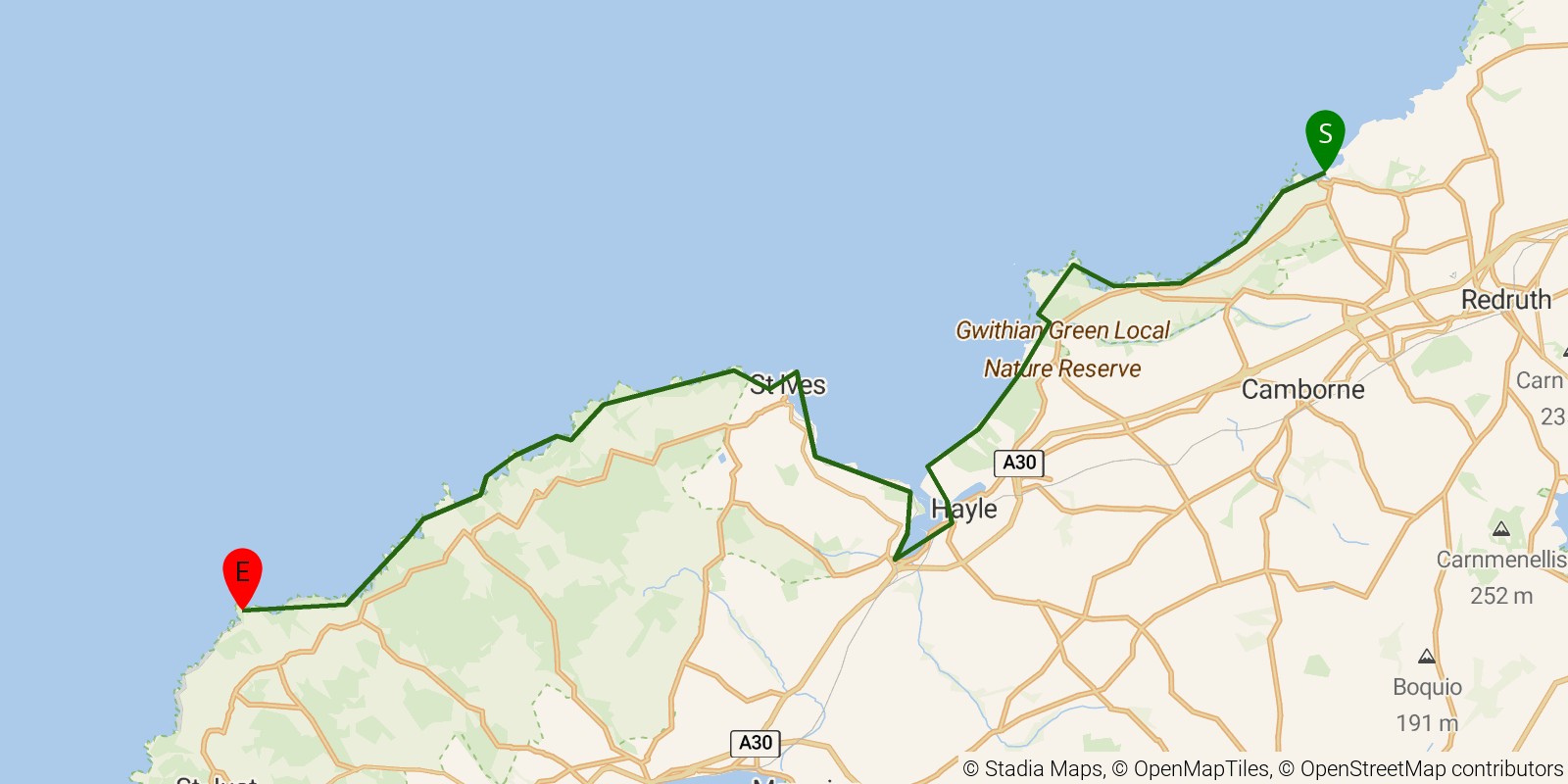 Route map of the South West Coast Path — Sections 19–21: Portreath to Pendeen on OpenStreetMap terrain