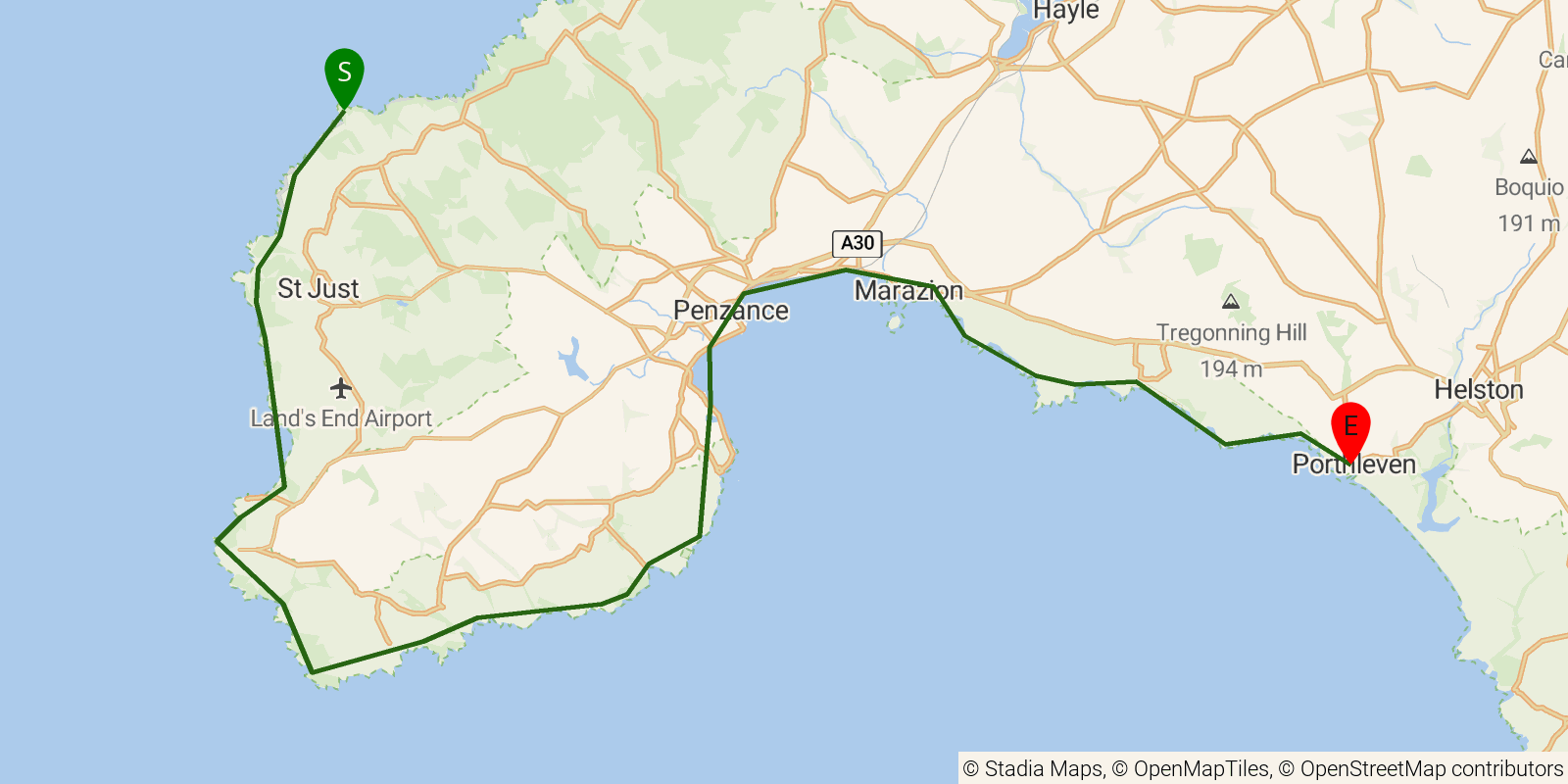 Route map of the South West Coast Path — Sections 22–25: Pendeen to Porthleven on OpenStreetMap terrain