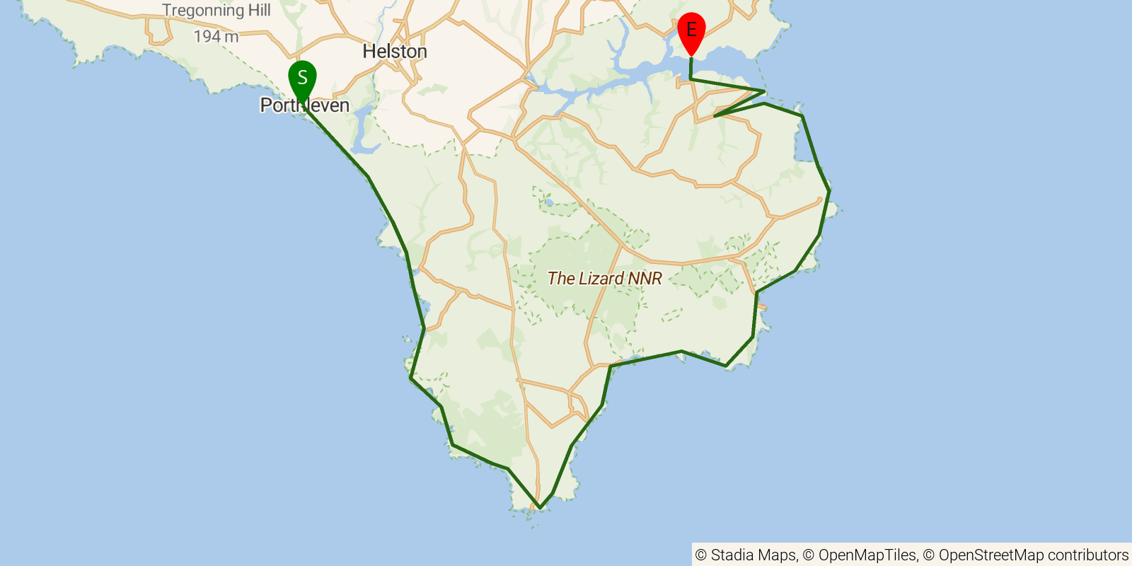 Route map of the South West Coast Path — Sections 26–28: Porthleven to Helford on OpenStreetMap terrain