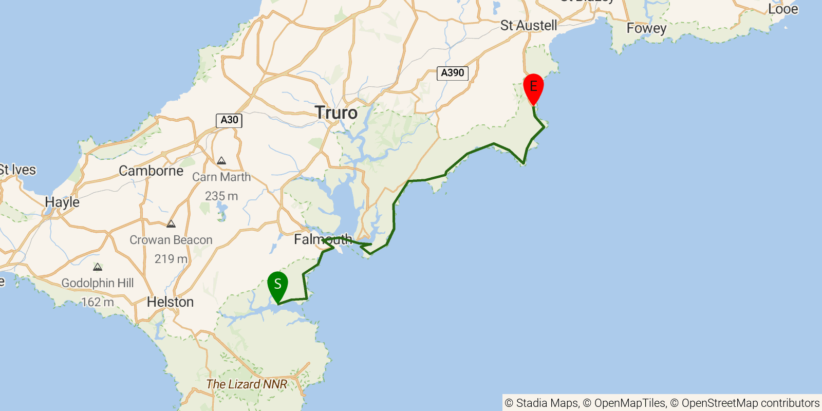 Route map of the South West Coast Path — Sections 29–31: Helford to Mevagissey on OpenStreetMap terrain