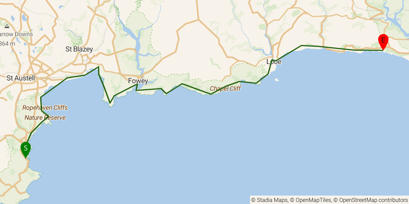 Route map of the South West Coast Path — Sections 32–34: Mevagissey to Portwrinkle on OpenStreetMap terrain