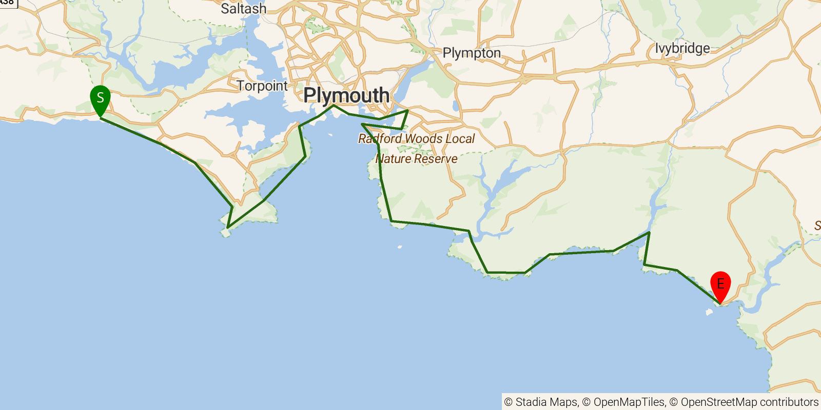 Route map of the South West Coast Path — Sections 35–37: Portwrinkle to Bigbury on Sea on OpenStreetMap terrain