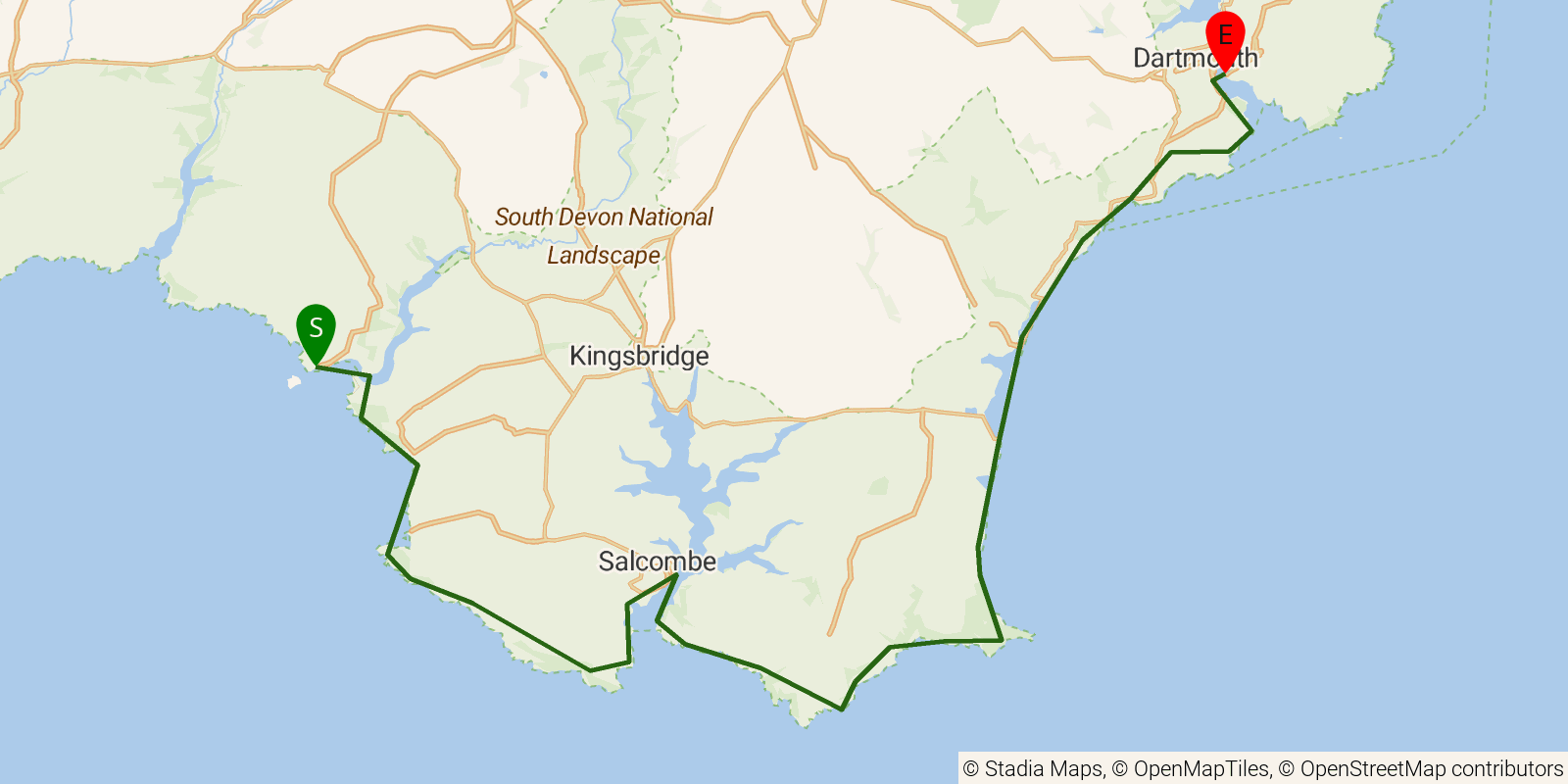 Route map of the South West Coast Path — Sections 38–40: Bigbury on Sea to Dartmouth on OpenStreetMap terrain