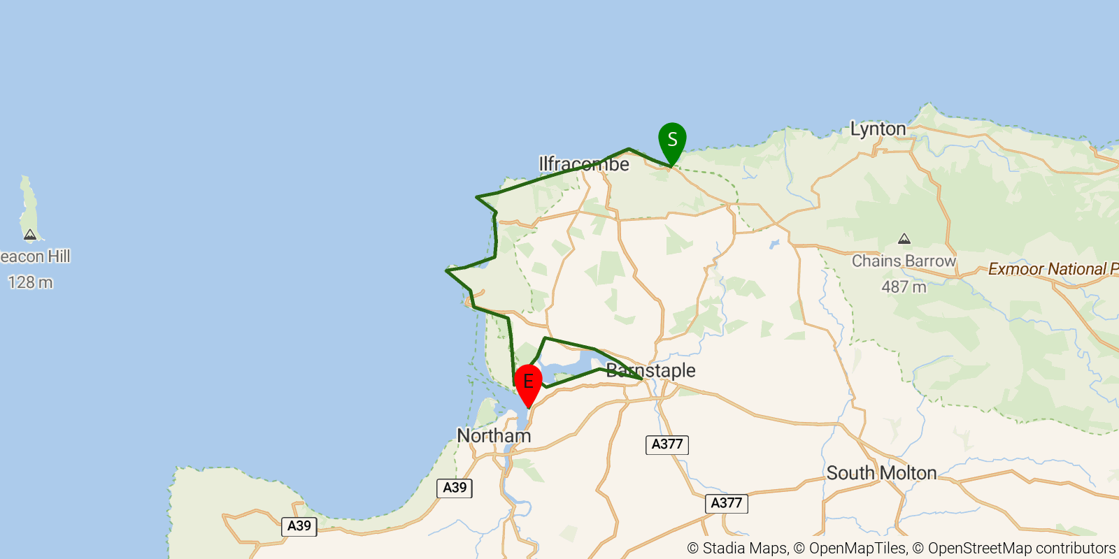 Route map of the South West Coast Path — Sections 4–6: Combe Martin to Instow on OpenStreetMap terrain