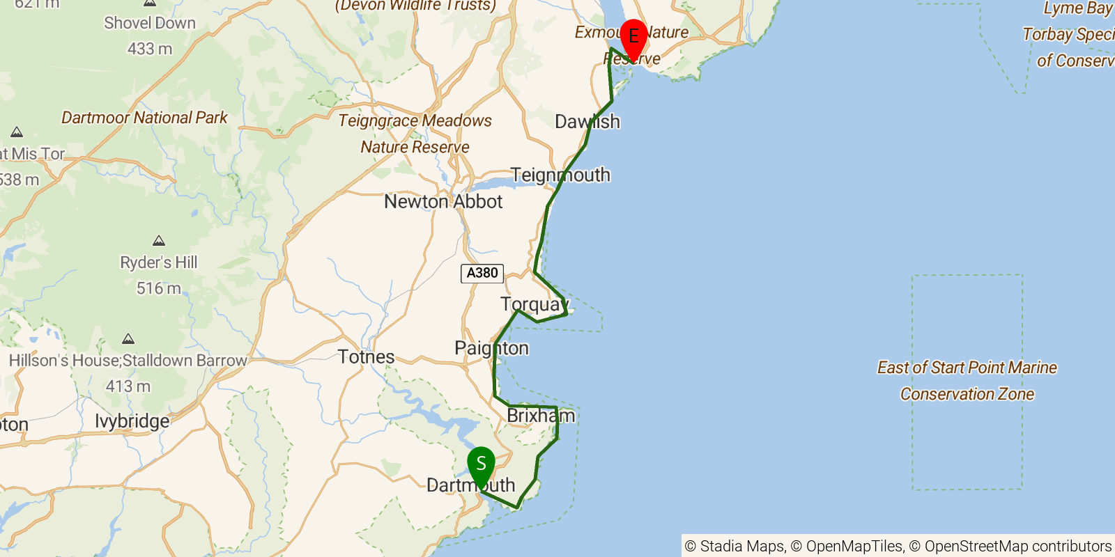 Route map of the South West Coast Path — Sections 41–43: Dartmouth to Exmouth on OpenStreetMap terrain