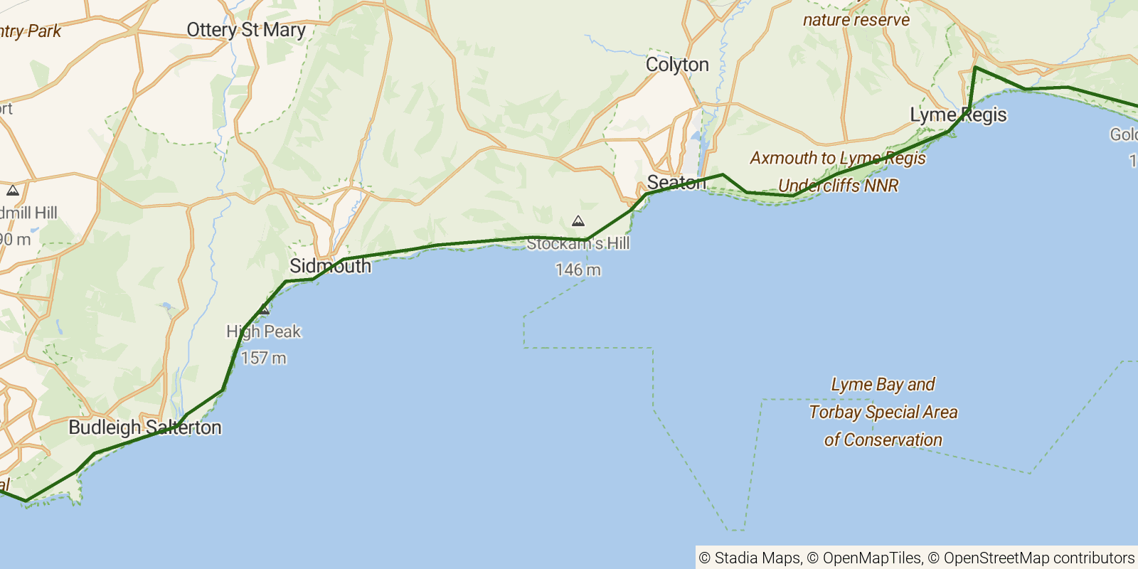 Route map of the South West Coast Path — Sections 44–46: Exmouth to Seatown on OpenStreetMap terrain