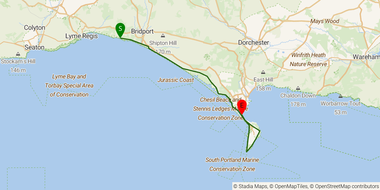Route map of the South West Coast Path — Sections 47–49: Seatown to Ferrybridge on OpenStreetMap terrain